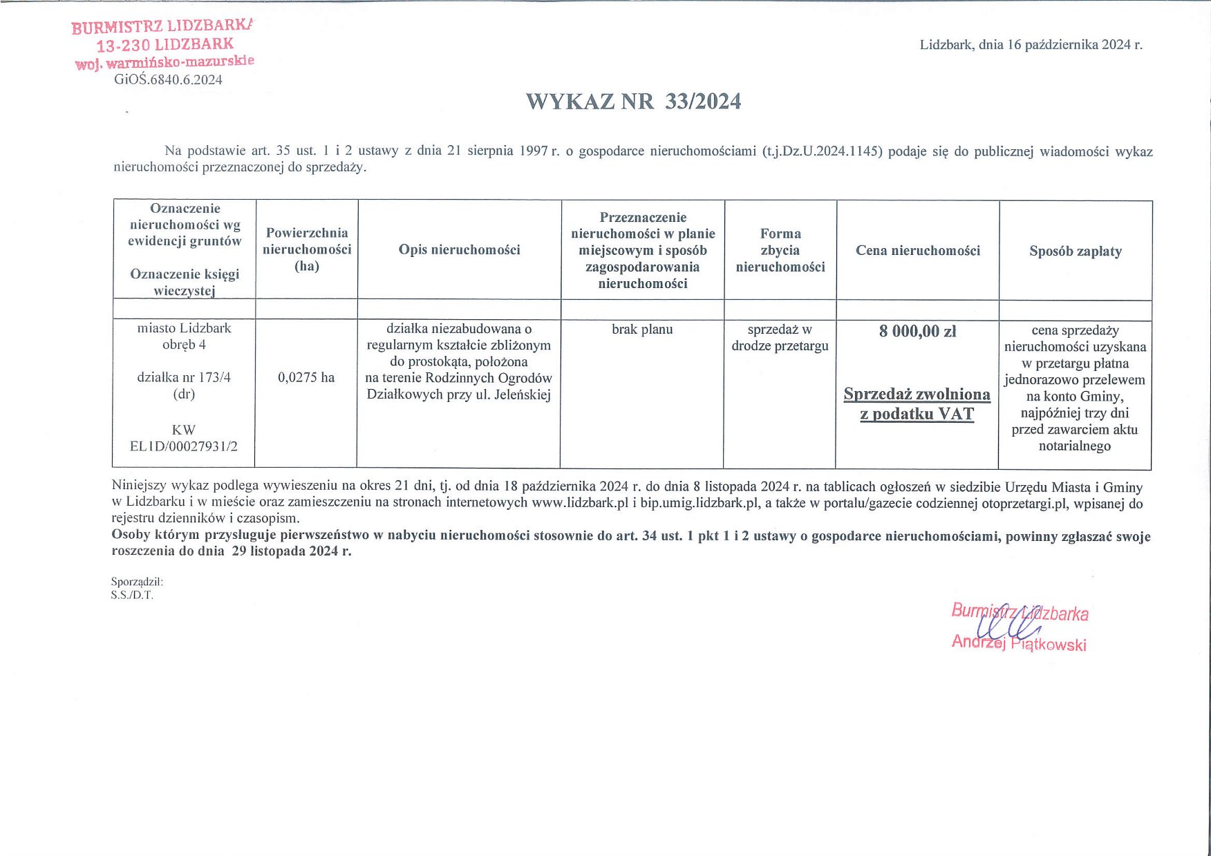 Wykaz Nr 33/2024 - Nieruchomość gruntowa do sprzedaży - Lidzbark, obr. 4, dz. nr 173/4